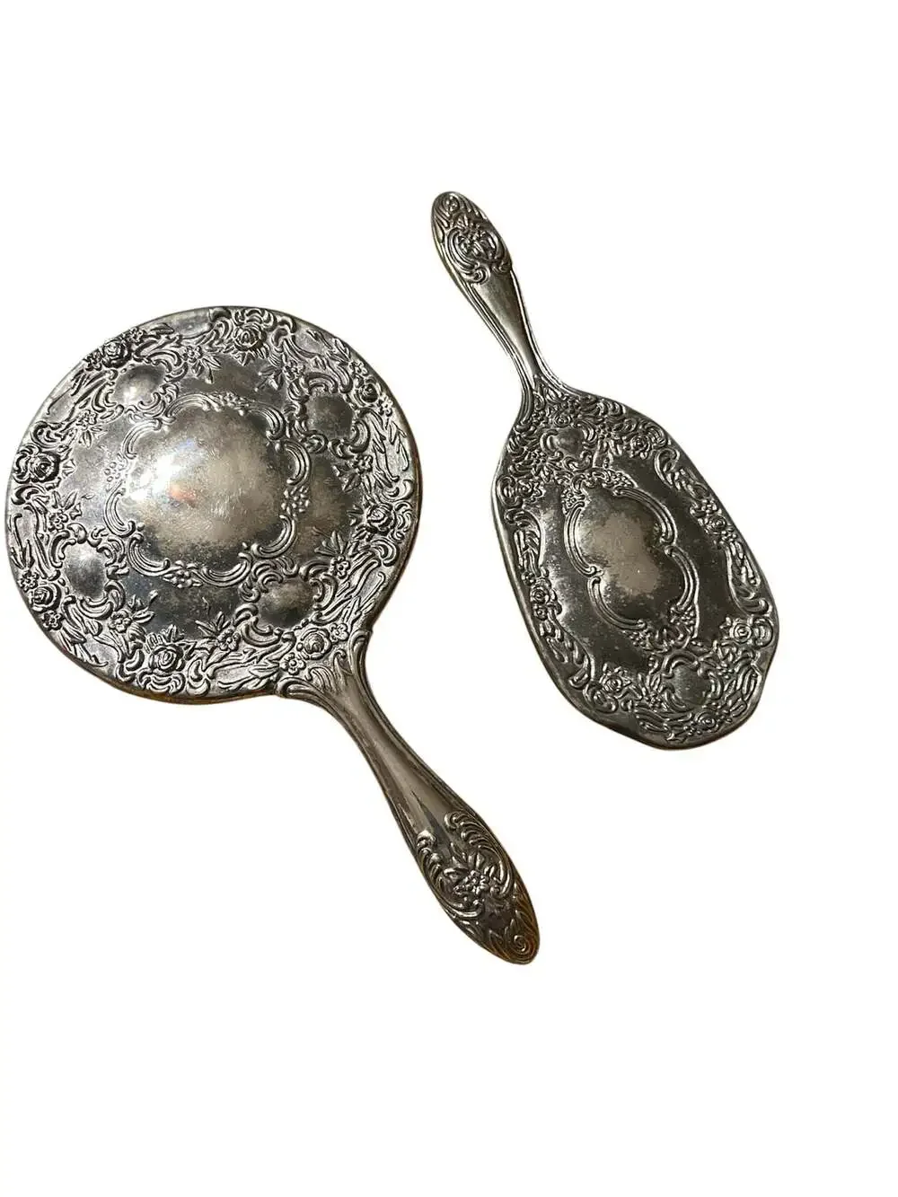 Vintage Silver Repousse Floral Hand Mirror and Hair Brush Vanity Set